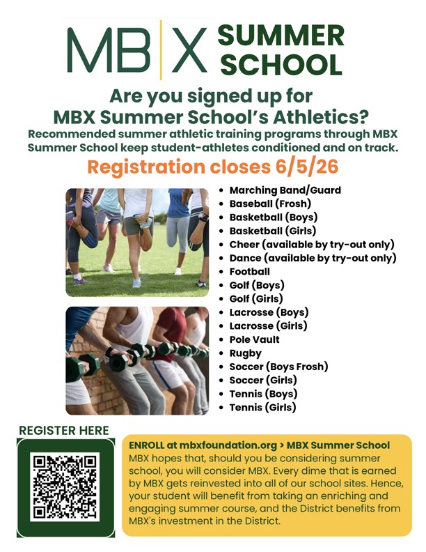 MBX Summer School Athletics flyer with registration information